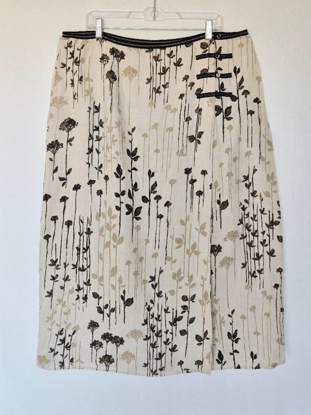 Vintage J.Jill 100% Linen Botanical Printed Midi Wrap Skirt Button Lined Beige
